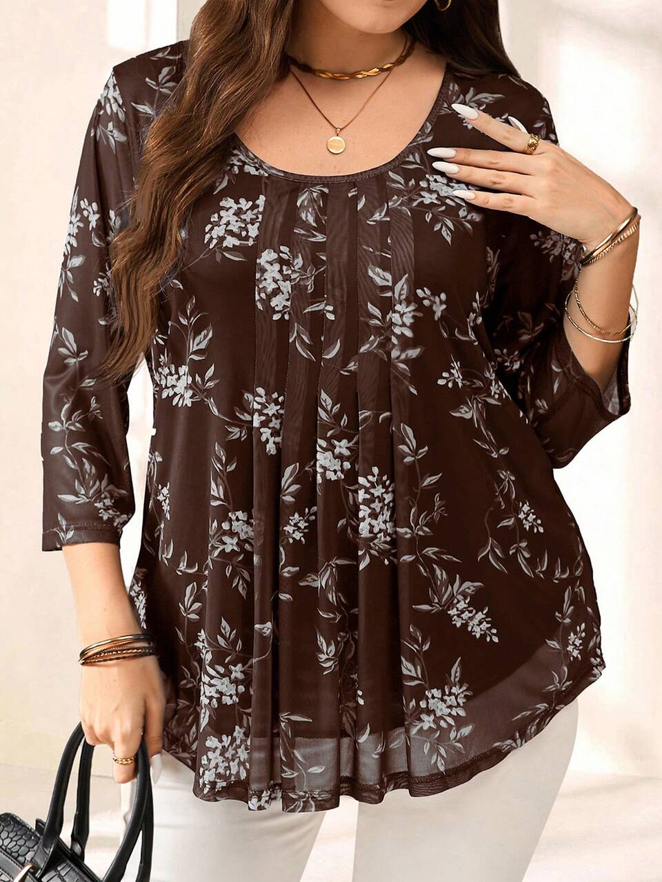 Plus Size Women's Brown Polka Floral Print 3/4 Sleeve Blouse,Casual Autumn Workwear Top Shirt,Country Vacation Holiday Festival Beach Tops Fall