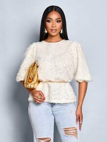 SOLERSUN Women's Crew Neck Textured Elegant Casual Stylish Blouse Ruched Sleeve Fall,Winter,Elegant,Daily Commuting,Going Out Fall - Apricot - View 5