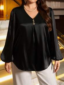 EMERY ROSE Plus Size Women Fall/Winter Elegant Party Casual Solid Color Fall Clothes  V-Neck Lantern Sleeve Loose Long Sleeve Blouse, Plus Size Black Shirt, Women Blouses Elegant, Lantern Sleeve Blouse,Going Out Outfits,2025 New Clothes,Simple And Fashionable For Everyday Wear, Plus Size Winter Clothes, Christmas Outfit For Women ,New Year Clothes,Date Night Outfits Women,Satin Blouses For Women