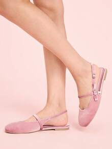 CUCCOO DOLLMOD 女士莲藕粉色丝绒搭扣时尚可爱舒适平底鞋 - 藕粉色 - 查看 5