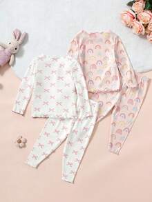SHEIN 4 件套女婴可爱猫咪图案荷叶边圆领长袖睡衣套装，柔软舒适 - 彩色 - 查看 2