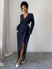 Elenzga Women's Solid Color Long Sleeve Pleated Design Metal Decor Elegant Dress - Navy Blue - View 6