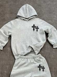 SHEIN Teen Boy Autumn New Arrival Casual Style Graffiti Handpainted Star & Letter Print Sports Streetwear Y2K Long Sleeve Hoodie Set, Suitable For Autumn/Winter Fall