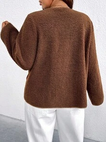 EMERY ROSE Plus Size Women's Casual Brown Versatile Jacket, Button Decor Long Sleeve Fuzzy Coat, Suitable For Daily Outings And Commuting - Coffee Brown - View 2