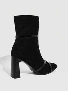 CUCCOO SZL Women's Fashionable Elegant Black Suede Chunky Heel Strap Ankle Boots, Versatile Street Style - Black - View 4