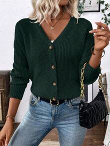 EMERY ROSE Versatile V-Neck Cardigan Sweater, Loose Casual Minimalist Open Front Knit Jacket For Women - Dark Green - View 5