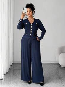 SHEIN Elenzya 加大码针织修身常规纹理 V 领长袖上衣和裤子优雅 2 件套 - 霧霾藍 - 查看 1