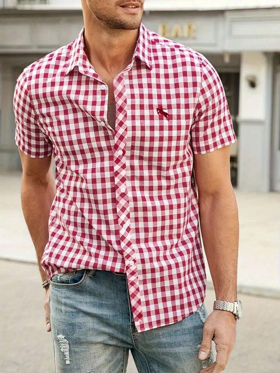 Manfinity Homme Red Short Sleeve Plaid Shirt With Unique Embroidered Logo, Fresh Checked Casual Versatile Fashion Summer Casual Shirt - Red - View 1