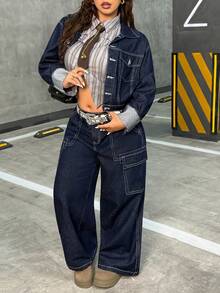 Jeanoix Jeans de mezclilla azul oscuro sin estiramiento de estilo callejero para mujer de talla grande