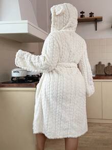 SHEIN Plus Size Cozy Jacquard Animal Ear Hooded Open Front Fluffy Robe, Autumn/Winter - Beige - View 3