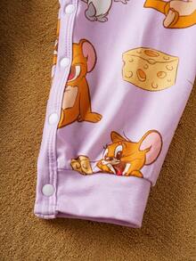 TOM & JERRY X SHEIN 2pcs Baby Girl Cute Cartoon Pattern Crew Neck Long Sleeve Knit Jumpsuit And Bib Sleepwear Set - Multicolor - View 6