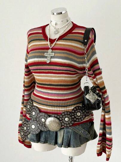 Sunspun Plus Size Colorful Knitted Pullover Sweater, Autumn/Winter