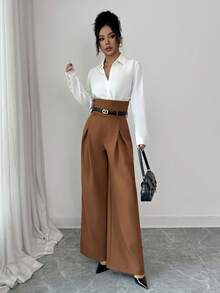 Elenzga 高腰系带褶饰宽松阔腿裤，英伦风 - 棕色 - 查看 5