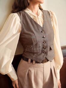 Vintamour Eleganckie damskie kamizelki w kratkę w serek, bez rękawów, brązowe, jesienne ubrania damskie, biznesowe, codzienne, damskie, na bal absolwentów, zimowe, biurowe, damskie, jesienne stroje damskie, bluzki jesienne, zimowe stroje damskie, zimowe ubrania damskie, jesienne ubrania, jesienne bluzki damskie, Cottage Core, urodzinowe stroje damskie, kamizelka, top, świąteczna koszula, świąteczne ubrania, ubrania do pracy, stare pieniądze - Kolor khaki - Zobacz 4