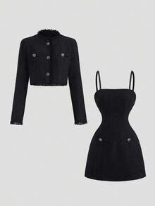 Sweetra 女式新款纯黑色无袖迷你连衣裙，收腰设计，适合外出、聚会、返校，搭配流苏边夹克，两件套，春/秋/冬 - 黑色 - 查看 1