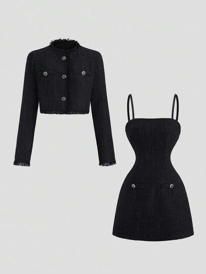 Sweetra 女式新款纯黑色无袖迷你连衣裙，收腰设计，适合外出、聚会、返校，搭配流苏边夹克，两件套，春/秋/冬