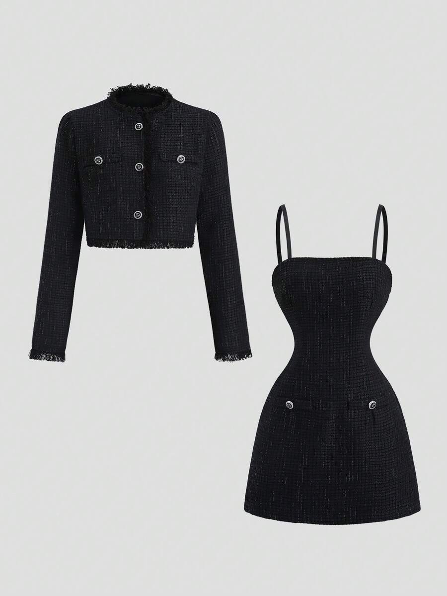 Sweetra 女式新款纯黑色无袖迷你连衣裙，收腰设计，适合外出、聚会、返校，搭配流苏边夹克，两件套，春/秋/冬 - 黑色 - 查看 1