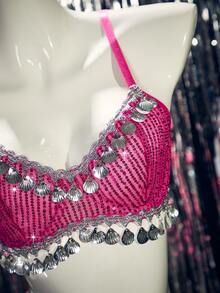 3pcs Fringe Sequin Decor Densely Embedded Crafted Design With Shimmery Pink Mesh Skirt + Underwire Cup Dreamy Sexy Lingerie Set - Hot Pink - View 3