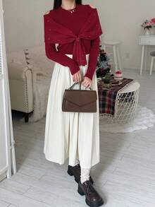 FRIFUL Suéter casual versátil de mujer de cuello redondo sólido rojo, de manga larga con hombros descubiertos, 2 en 1 con cuello de chal, decoración de rhinestones, ajustado y delgado, para otoño/invierno - Rojo - Ver 2