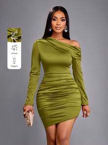 SOLERSUN Váy satin mini xếp ly cổ tay dài bất đối xứng thanh lịch dành cho nữ - Màu xanh Ô liu - Xem 1