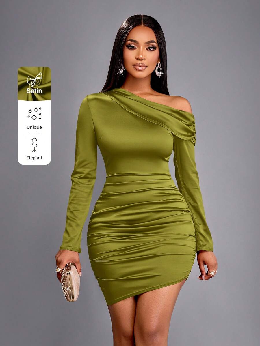 SOLERSUN Váy satin mini xếp ly cổ tay dài bất đối xứng thanh lịch dành cho nữ - Màu xanh Ô liu - Xem 1