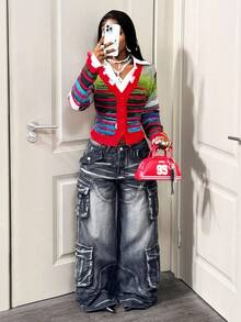 BamGleam Áo len nữ, Áo len cardigan, Áo len dài tay, Sọc ôm màu đỏ, Nút, Kiểu dáng ngắn, Du lịch thường ngày, Tiệc nghỉ dưỡng, Quần áo nữ, Kiểu dáng xuân thu, Kiểu dáng mùa đông - Nhiều màu - Xem 3