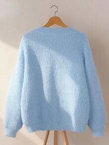 INAWLY Women's Solid Color Faux Pearl Decor V-Neck Dropped Shoulder Long Sleeve Loose Sweater, Autumn/Winter