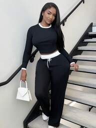 Alexandranx 2 piezas Conjunto de top de manga larga ajustado y pantalones con ribete en contraste para mujer, otoño