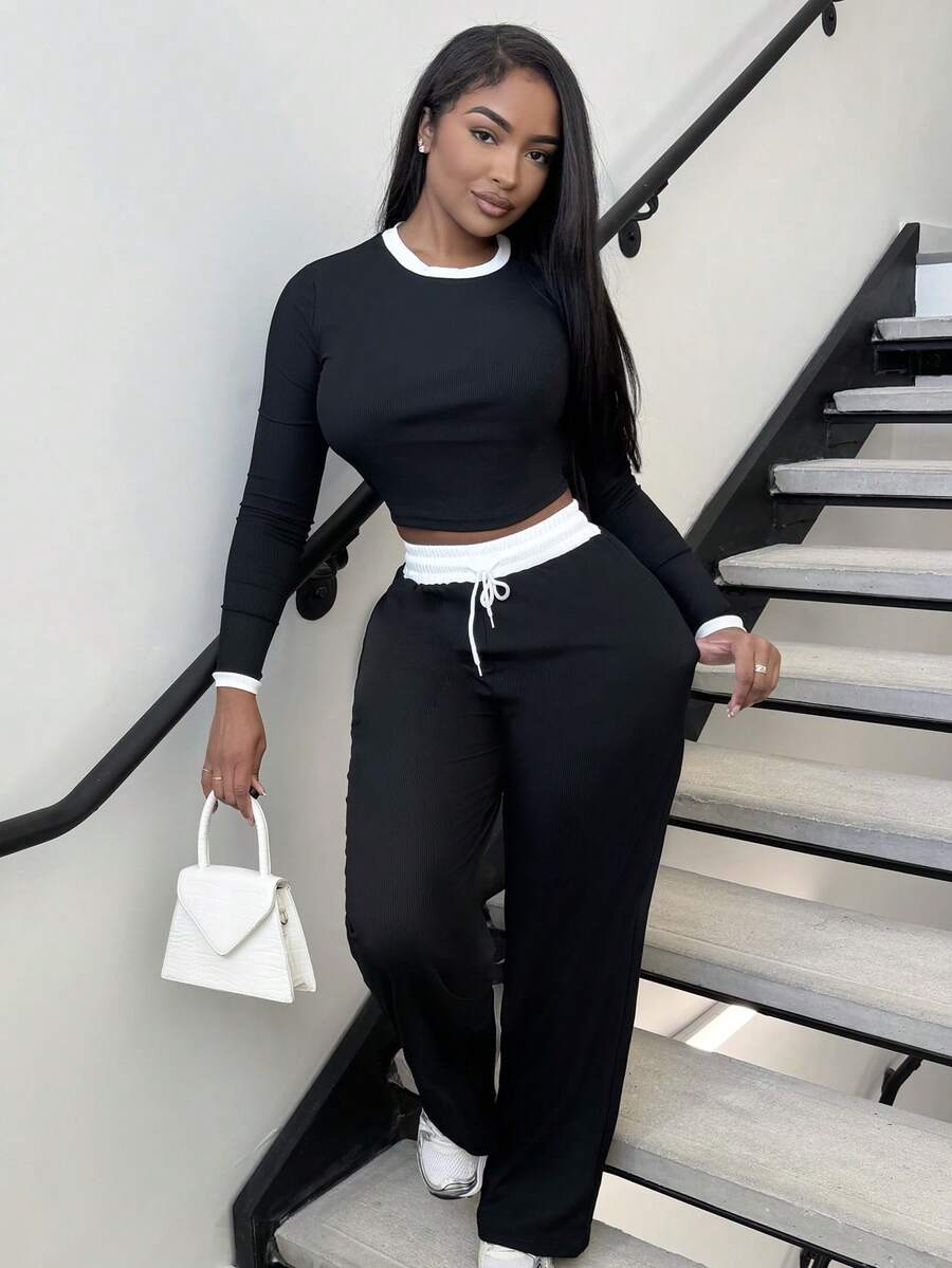 Alexandranx 2 件女式秋季撞色修身长袖上衣和裤子套装 - 黑與白 - 查看 1