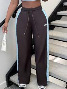 Alexandranx Drawstring Waist Nylon Contrast Panel Wide Leg Tracksuit Bottoms Only Spring Airport, Casual The Book Shop Christmas Fall Autumn Winter - Brown - View 3