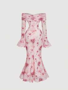 SHEIN MOD 抽象花卉印花喇叭袖露肩美人鱼连衣裙 - 彩色 - 查看 2