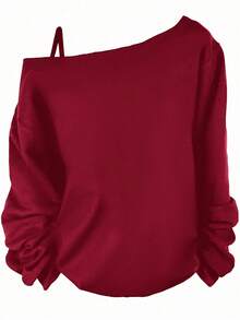 SHEIN Essnce 女款休闲马术骑手图案无袖肩带长袖T恤，适合春季 - 酒紅色 - 查看 2