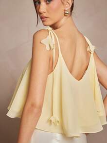 L'Amorae 优雅的奶油黄色雪纺飘逸夏季上衣，带有花朵贴花细节 - 黃色 - 查看 2
