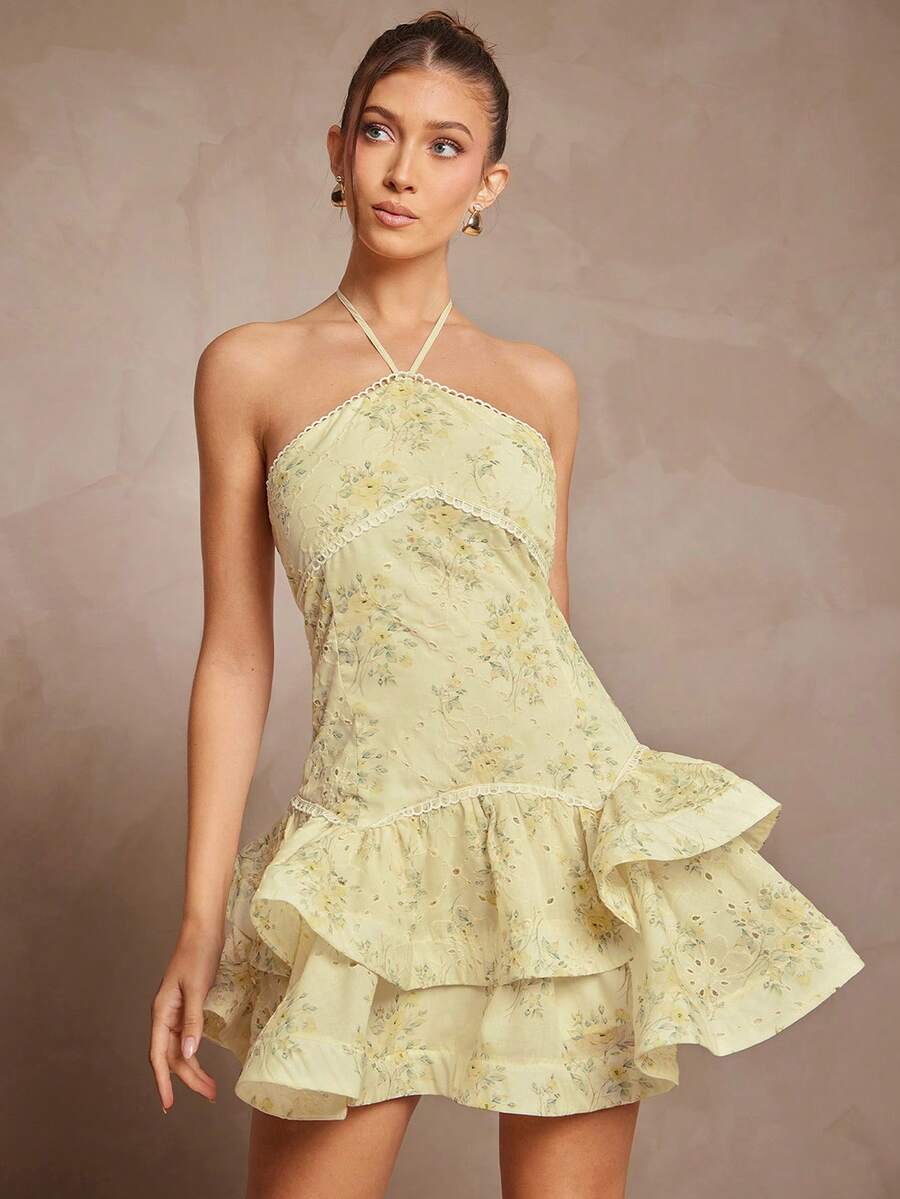 L'Amorae Woven Embroidered Elegant Halter Neck Ruffle Hem Sleeveless Dress - Light Yellow - View 1