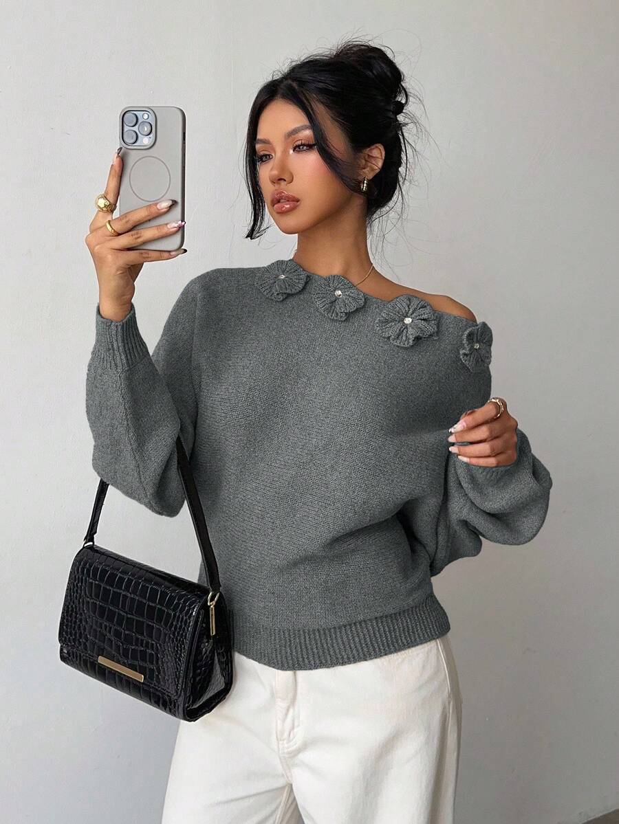 Elenzga Women's Elegant Floral Rhinestone Decor Asymmetric Shoulder Knit Sweater - Grey - View 1