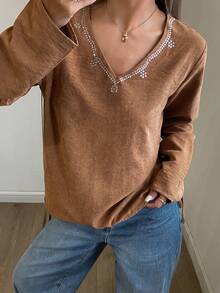 DAZY 女式水钻饰边抽绳下摆宽松长袖休闲户外衬衫，秋冬款 - 卡其色 - 查看 5