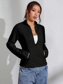 SHEIN Unity 1pc Women's Casual Basic Fleece Fabric Fitted Solid Color Zip-Up Long Sleeve Jacket Hiking Black Autumn - Black - View 4