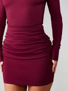 MISSGUIDED Burgundy Long Sleeve Ruched Mini Dress Round Neck Bodycon Party Club Night Out Christmas - Burgundy - View 5