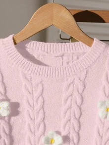 女童清新甜美3D花卉扭纹针织圆领毛衣，适合居家、外出、聚会、返校 - 粉色 - 查看 5
