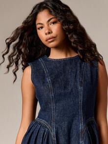 AiiRZ Sleeveless Denim Mini Dress With Fit And Flare Silhouette Perfect For Casual Summer Occasions - Dark Wash - View 6
