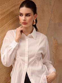 Modelyn 1pc Women's Solid Color Cinched Waist Long Sleeve Elegant Fashion Blouse - White - View 8