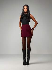 MISSGUIDED 酒红色迷你裙，侧边系带设计，A字高腰，秋冬女装，圣诞节款 - 紅木色 - 查看 5