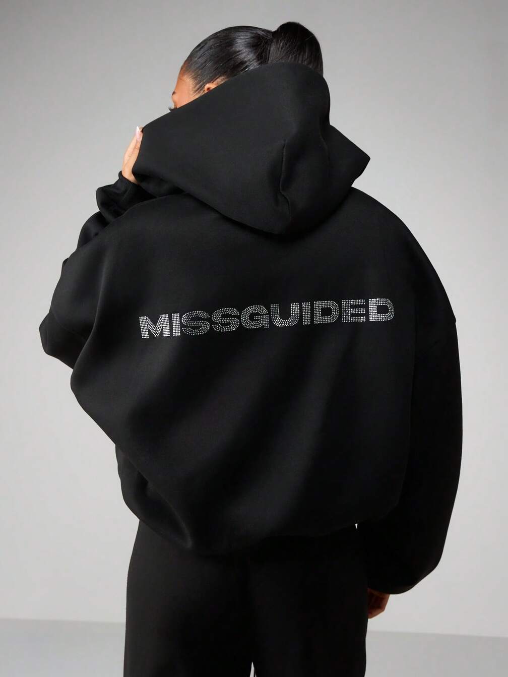 MISSGUIDED Rhinestone Hotfix Logo Full Zip Hoodie｜MISSGUIDED