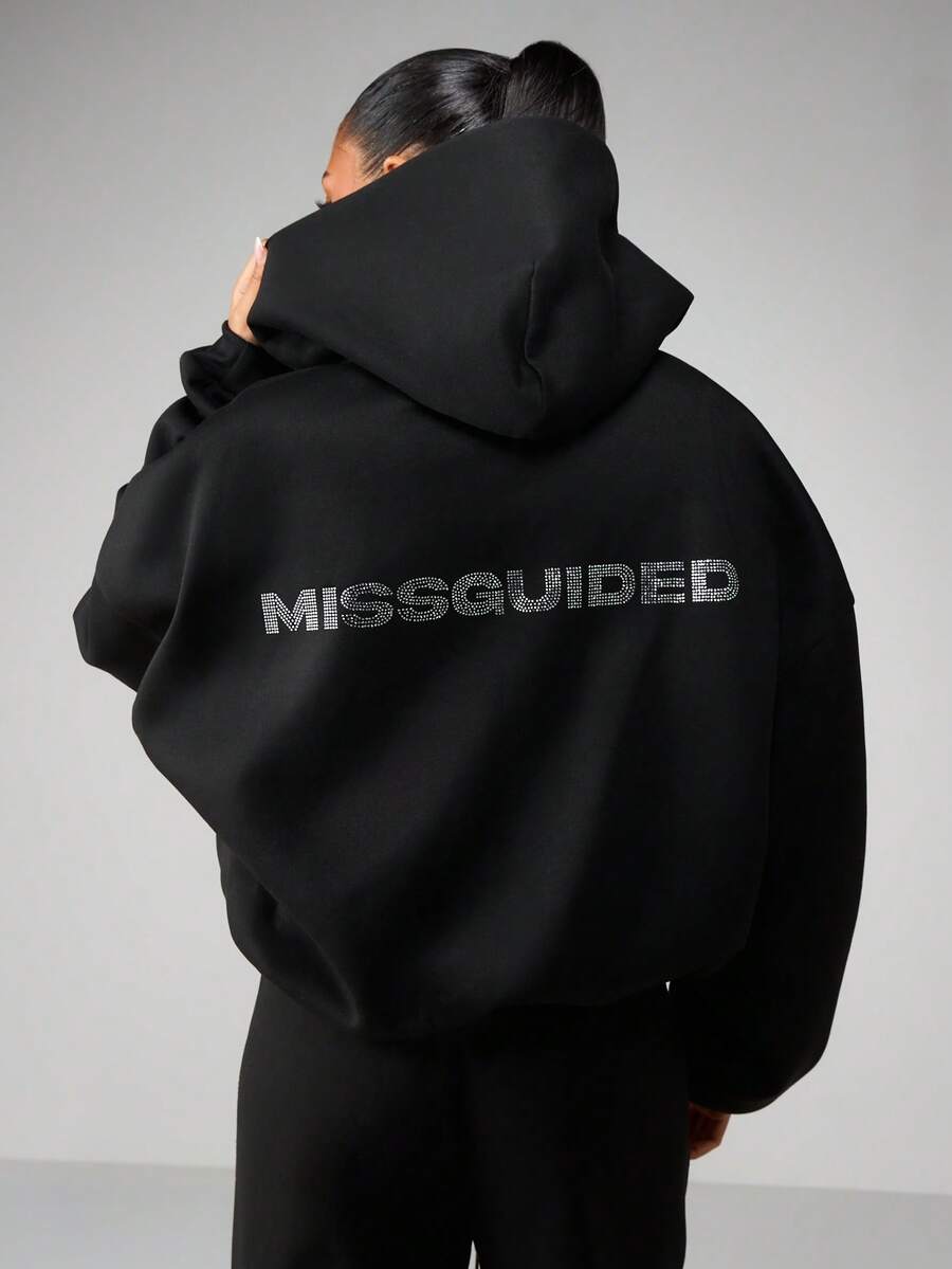 MISSGUIDED 带抽绳和中央口袋的莱茵石热修复徽标全拉链连帽衫休闲街头服饰 - 黑色 - 查看 1