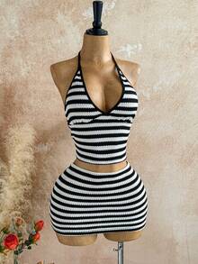 Soleia Women's 2 Pieces Floral Print Halter Top And Mini Skirt Set, Suitable For Beach/Vacation Black And White Stripe Casual Chic Women's Set Fall Clothes For Women