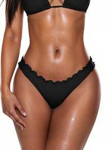 Swim Basics Summer Beach Plain Lettuce Trim Bikini Bottom - Black - View 2