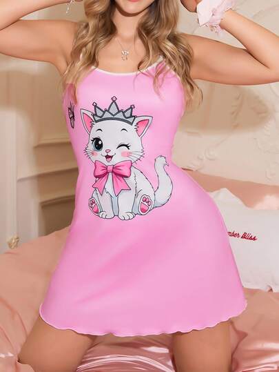 SweetSlumber Cute Cat Print Soft Nightgown For Women