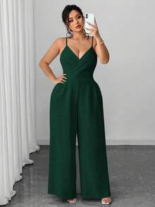 Elenzga Bộ 2 món áo khoác blazer công sở thanh lịch tối giản dành cho nữ cỡ lớn kèm áo liền quần ống rộng không tay thắt eo - Màu xanh lá cây đậm - Xem 8