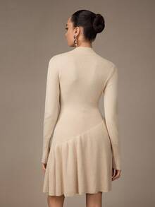 Modelyn Vestido de suéter de punto con cuello alto y plisado para mujer - Albaricoque - Ver 2