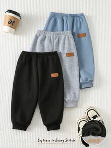 Cozy Pixies Conjunto de 3 pantalones para bebé niño con cintura elástica decorada y puños, forrados térmicamente, adecuados para salidas de invierno, uso en interiores, Navidad, Año Nuevo y uso diario